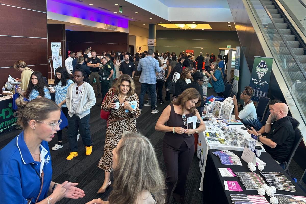 Busy vendor lobby networking area